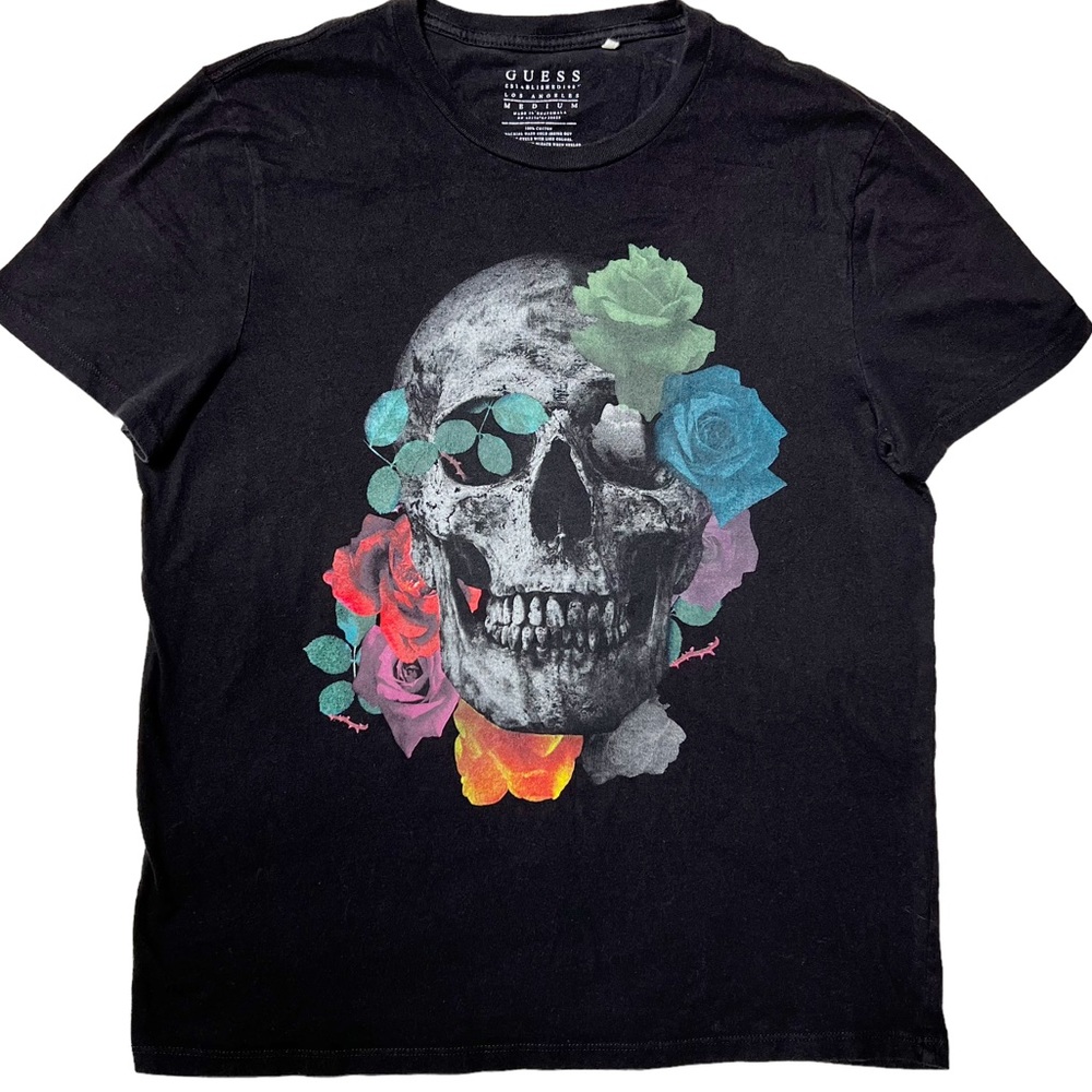 Guess Skull & Colorful Roses Graphic Short Sleeve T-Shirt Black Women’s Sz M